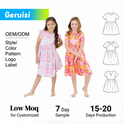 Custom Bright Color Daisy Floral Print Girls Casual Dress Baby Girl Dress Summer Toddler Dresses Bamboo Fiber Casual Dress