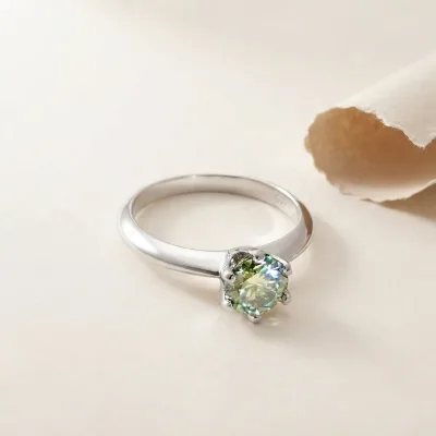 Classic Six Prong Round Green Moissanite Solitaire Ring GRA VVS1 Certified 925 Sterling Silver Wedding Engagement Promise Ring