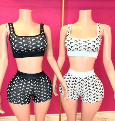 C1947 Popular Fashion Moon Print Design, Stretch Tight and Sexy Suspender Top and Shorts 2 Piece Set