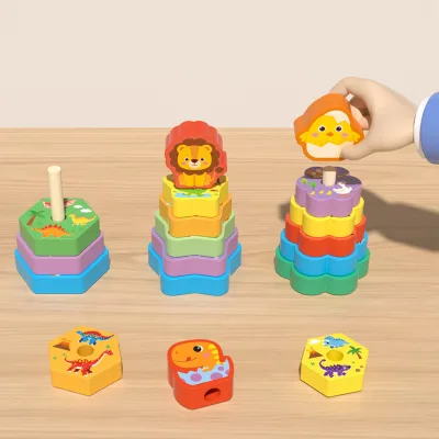 Wooden Animal Stacking Peg Puzzle Shape Color Sorting Stacker Toy Montessori Early Learning Game for Toddlers 3+