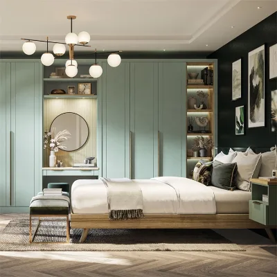Modern Bedroom Sage Green Built-In Wardrobe, Floor-to-Ceiling Closet with Integrated Dressing Table & LED-Lit Shelves