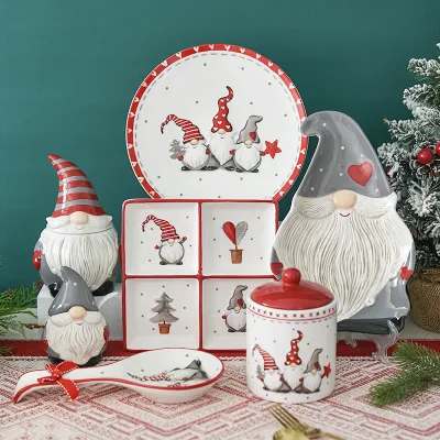 Harmony Christmas Gnome Dinnerware Set Ceramic Platter Tray Cookie Porcelain Nordic Red White Grey Farmhouse Kitchen Charming