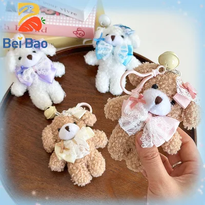 Plushie Factory 4Inch Lace Bow Curly Teddy Bear Plush Keychain With Bell Cute Lolita Bear Bag Pendant Accessory for Claw Machine