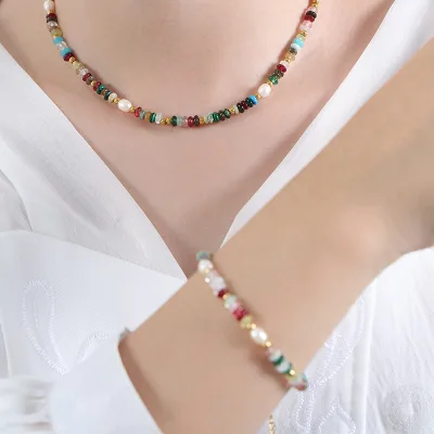 Ethnic Sethnic Style Vintage Jewelry Natural Stone Pearl Necklace Sets Handmade Beaded Necklace Bracelet Set for Women