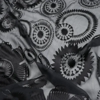 Unique Black Circle Flower Designed Soft Feeling Hot Sale Textile Silk Burn Out Fabric for Attractive Royal Lady Clothes