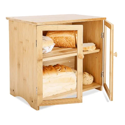 2 Layers Bread Boxes Kitchen Food Storage Wholesale Natural Bamboo Bread Box with Clear Window