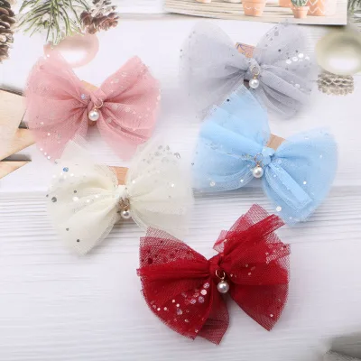 Metal Hair Clip with Shiny Mesh Hair Bow & Pearl Center Hairgrips Applique Hair Clip