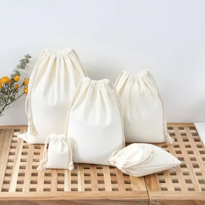 Wholesale Cotton Drawstring Bags for Rice Blank Canvas Bunches with Printed Logo Picnic Bags