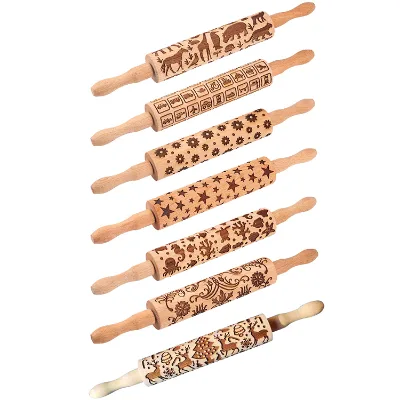 Beech Wood Christmas Embossing Rolling Pins Kitchen Wooden Rolling Pin