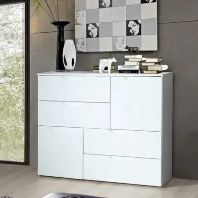 4 Drawer 2 Cabinet 115cm Wide White Gloss Ball Bearing Slides for Large Bedroom Home Organization Chest of Drawers
