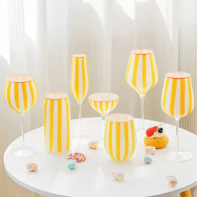 Yellow Stripe Crystal Wine Glasses Customized-Hand Blown Modern Design for Bright Tabletop Decor & Personalized Party Details