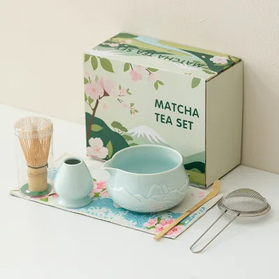 Estick NEW China Macha Whisk Set Embossed Mountain Design Bone China Porcelain 350ml Portable Ceramic Matcha Bowl Customized
