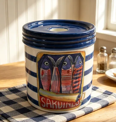Wholesale Coastal Nautical Sardine Printed Handmade Ceramic Multi-style Home Kitchen Decor Storage Vase Jar Ornament Collection