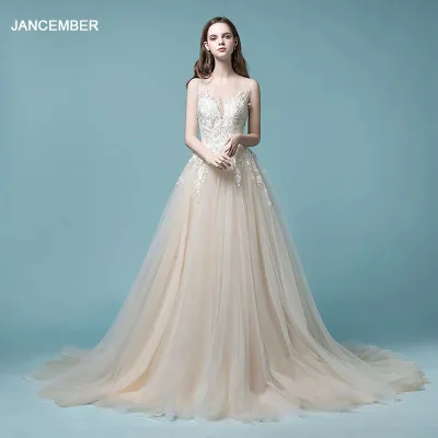 For Jancember RL184 Modern Summer Bride Wedding Dress Sleeveless Lace Fishtail Train Floor-Length with Crystal Sequin Decoration