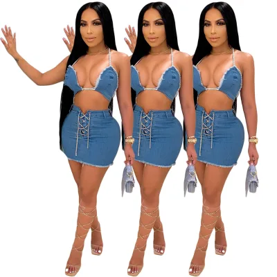 Cross-border Independent Site Ins Women's Clothing Sexy Highly Stretch Denim Halter Rope Vest Skirt Outfit