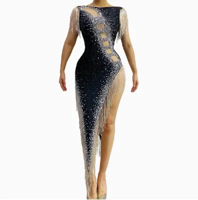 2025 Wholesale Wedding Party Sexy One Side Shoulder Sequin Slit Evening Maxi Women Rhinestone Show Carnival Costume Dance Dress