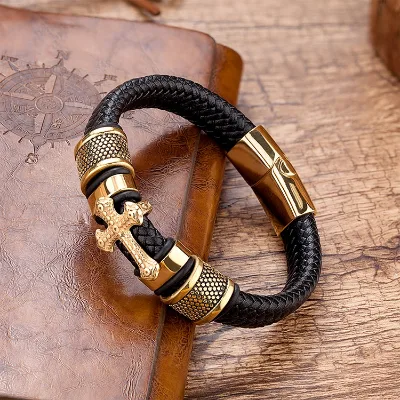 Vintage Braided Leather Cross Bracelet Stainless Steel Men Bangle Punk Wrist Jewelry Daily Wear Male Gift Street Party Accessory