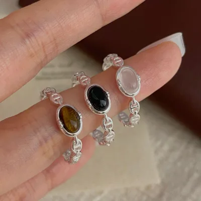 S925 Pure Silver White Jade Marrow Black Agate Pig Nose Hollow Ring for Women's High Grade Ins Style Open End Ring