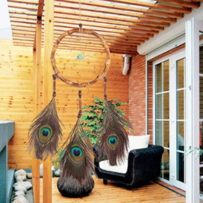 Middle Retro Style Dream Catcher Natural Bamboo Circle Peacock Feather Dream Catcher House Ornaments Ornaments
