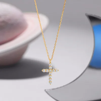 14K Gold Plated  Zircon Diamond Vintage Cross Iced Out Pendant Charm Chain Necklaces for Women