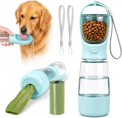 4-in-1 Portable Dog Water Bottle with Leakproof Design Built-in Bowl & Food Storage Box Waste Bag Holder for Walking