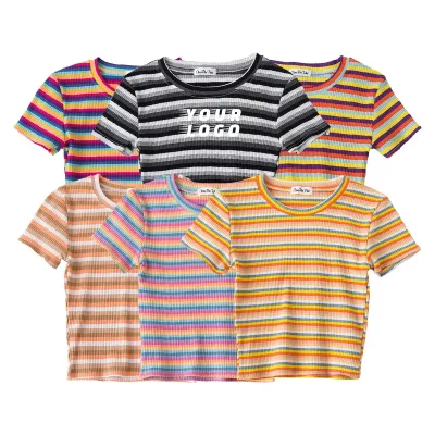 100% Cotton Strip t Shirt Short Sleeve Mix Leisure Tops Round Neck Ladies Fashion Wear