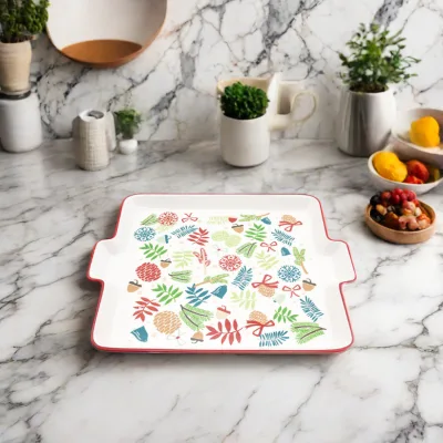 14.9" Rectangular Stoneware Ceramic Trays with Gold Inlay Pattern Eco-Friendly Horeca Use Customizable
