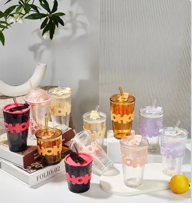 Wholesale 15oz rainbow Tumbler Bling Leak Proof Travel Glass Tumbler with Straw and Lid