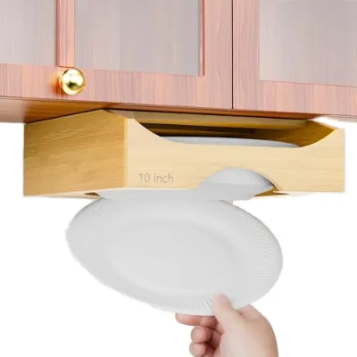 Modern Sustainable Bamboo Under Cabinet Paper Plate Dispenser-10-Inch Plate Organizer for Kitchen RV Yacht