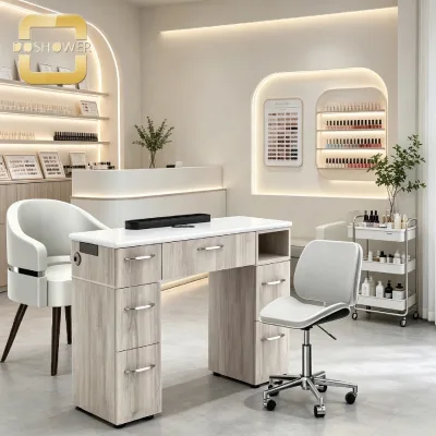 Wood Grain Manicure Table with Multi Layer Drawer Storage and Built in Nail Dust Collector Socket for Pedicure and Nail Salon