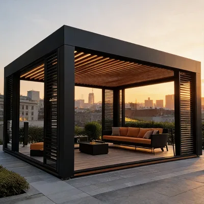 with Blinds Doors Function Modern Wood Effect Outdoor Gazebo Garden Patio Backyard Retractable Pergola