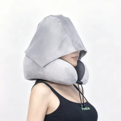 Travel Neck Pillow with Hood, Silver fox Velvet Fabric Memory Foam Filled Slow Return Bullet Neck Support Sleep U-shaped Pillow
