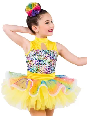 Dance Girls Yellow High Neck Sequin Rainbow Tulle Tutu Dress Sleeveless Kids Jazz Tap Ballet Stage Dance Costume
