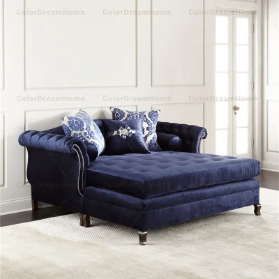 Blue Elegant Chesterfield Fabric Upholstered Chaise Lounge Sleeper Sofa