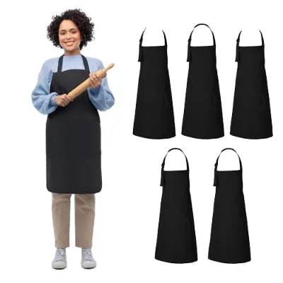 Black Cotton Bib Apron Adjustable Neck Strap 3 Pockets Unisex Kitchen Chef Server Aprons Machine Wash
