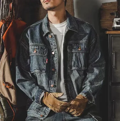 High Street Vintage Denim Jacket for Men Washed Effect with Cool Hoodless Street Style Coat