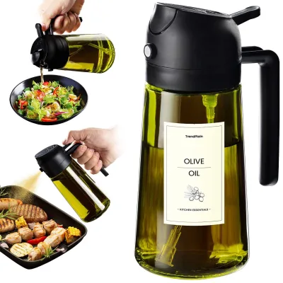 2 in 1 Glass Oil Sprayer Bottle 470ml Olive Oil Mister with Pour Spout Drip-Free Dual-Purpose Dispenser for Kitchen, Camping