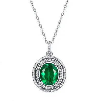 Oval Emerald Double Halo Luxury Link Chain Pendant Necklace 925 Sterling Silver Gold Plated Gemstone Jewelry Women Wedding Gift