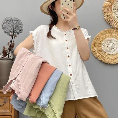 Washed Cotton Linen Lace Round Neck Summer Thin Loose Short Sleeve Versatile Casual Solid Color Shirt
