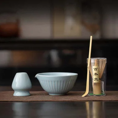Vertical Pattern Ru Kiln New Chinese Style Four-piece Matcha Tea Set Japanese Ceramic Tool Opening Point Tea Bowl for Tea