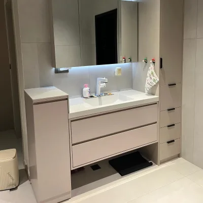 Luxury High-Grade Bathroom Vanity in Light Khaki Color with Full Surrounding LED Lights Waterproof Design for Modern Bathroom