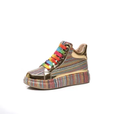 women High-top Crystal Diamond Full Diamond sneakers Women's Colorful Stripe Breathable Fashion Casual shoes