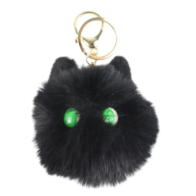 Black Plush Cat Keychain for Women Soft Faux Fur Ball Kitten Keyring Bag Pendant Car Labubu Keychain