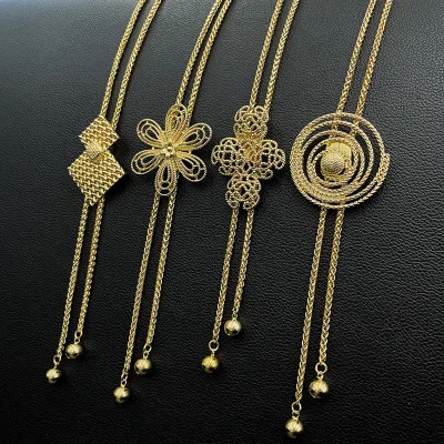 X123 Alloy Necklace with Long Adjust Chain Necklace with Pentagon Pendant for Sweater Chain 24k Gold Plated
