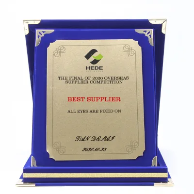 2022 High Quality Custom logo Metal Plate Plaque Award Blue Velvet Wooden Plaque