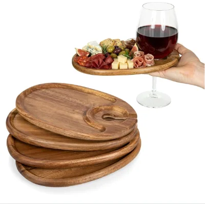 Wine Appetizer Plates, Set of 4 Wooden Cocktail Plates with Glass Holder, Mini Charcuterie Boards for Wine