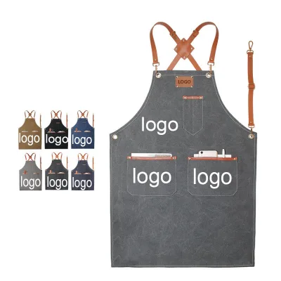 Hot Sale Customized Logo Gray Denim Unisex Fashion Home Kitchen Shop Work Waterproof Cafe Denim Apron With Pockets