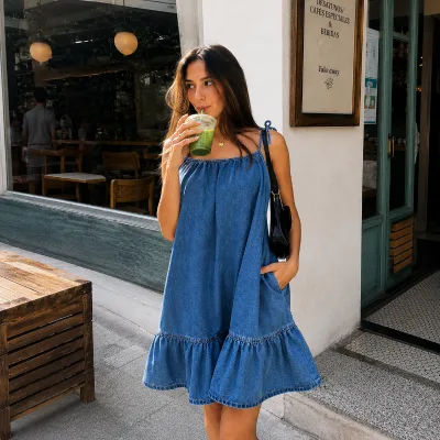 Women's Vintage Washed Denim Strap Mini Dress Casual Loose Fit Tie Shoulder Ruffle Hem Summer Sundress
