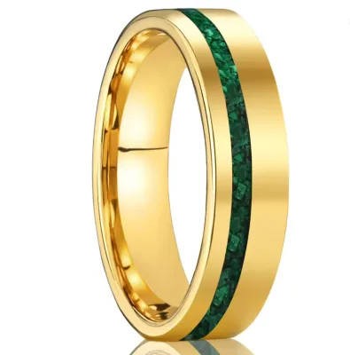 Read to Ship Non-Tarnish 6mm Tungsten Ring for Women 18K Yellow Gold Plated Ring Inlay Natural Peacock Stone Girls Ring