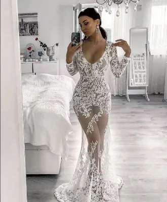 V-Neck African Casual Hot Sexy Transparent Long Sleeve Evening Dress